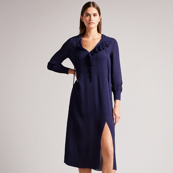 TED BAKER FAITHIY RUFFLE DRESS NAVY- BNWT - Picture 1 of 4